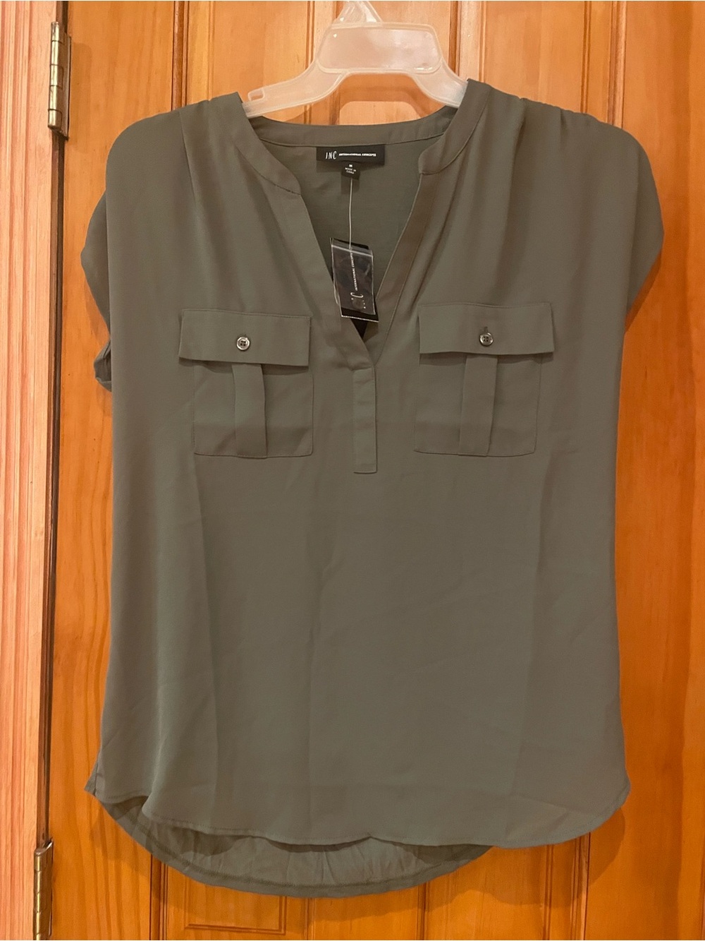 INC International Concepts Olive Green V-Neck Utility Blouse
